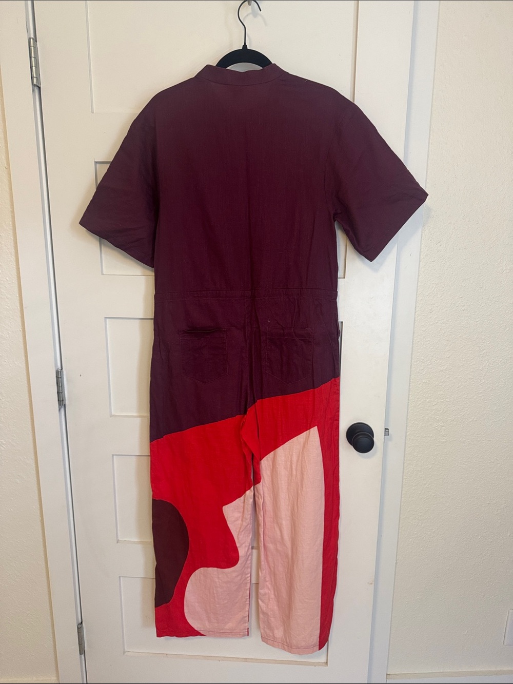Colorblock Short-Sleeve Jumpsuit in Burgundy, Red & Cream - Picture 7 of 7